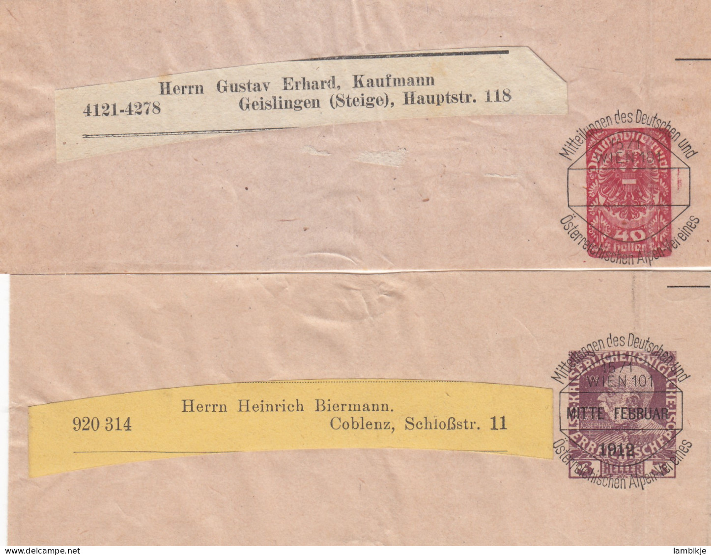 Österreich 2 Wrappers 1912 - Covers & Documents