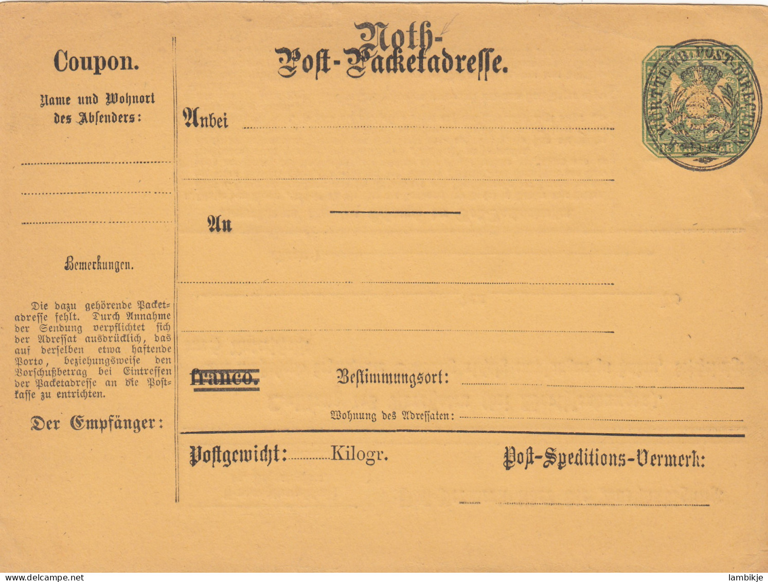 AD Württemberg Packetadresse 1874 - Other & Unclassified