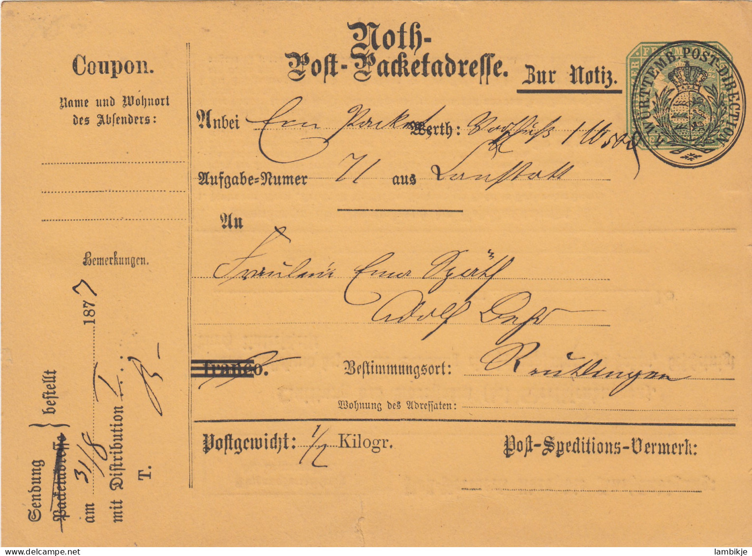 AD Württemberg Packetadresse 1874 (Unten Kleine Riess) - Autres & Non Classés
