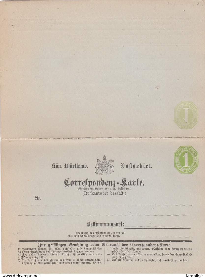 AD Württemberg Correspondenzkarte 1872 P6B - Autres & Non Classés