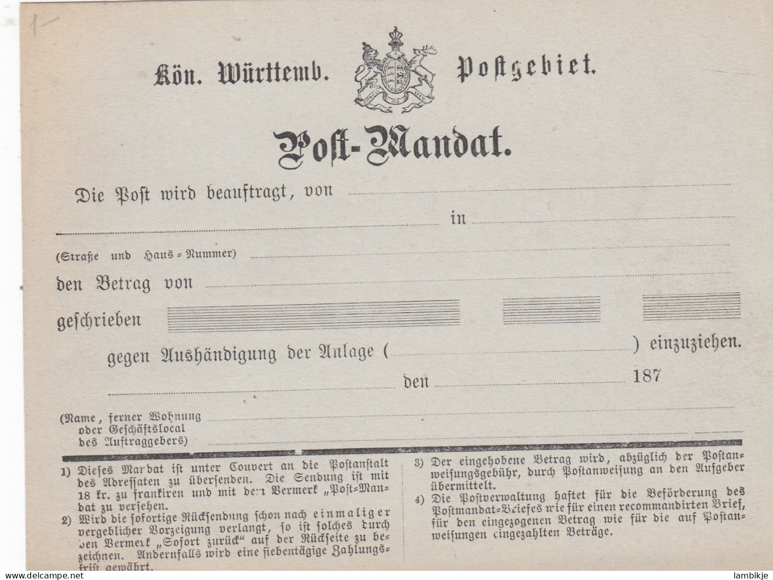 AD Württemberg Postmandaat 1875 - Autres & Non Classés