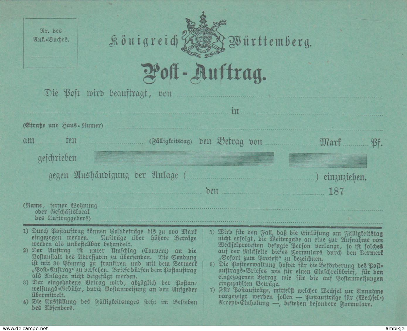 AD Württemberg Postauftrag 1875 - Other & Unclassified