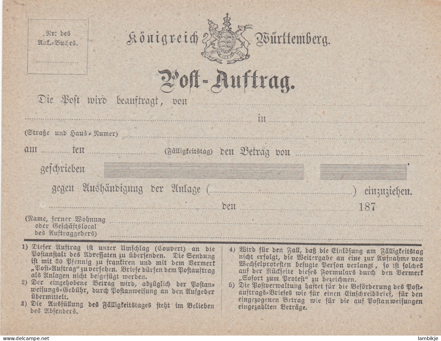 AD Württemberg Postauftrag 1875 - Autres & Non Classés