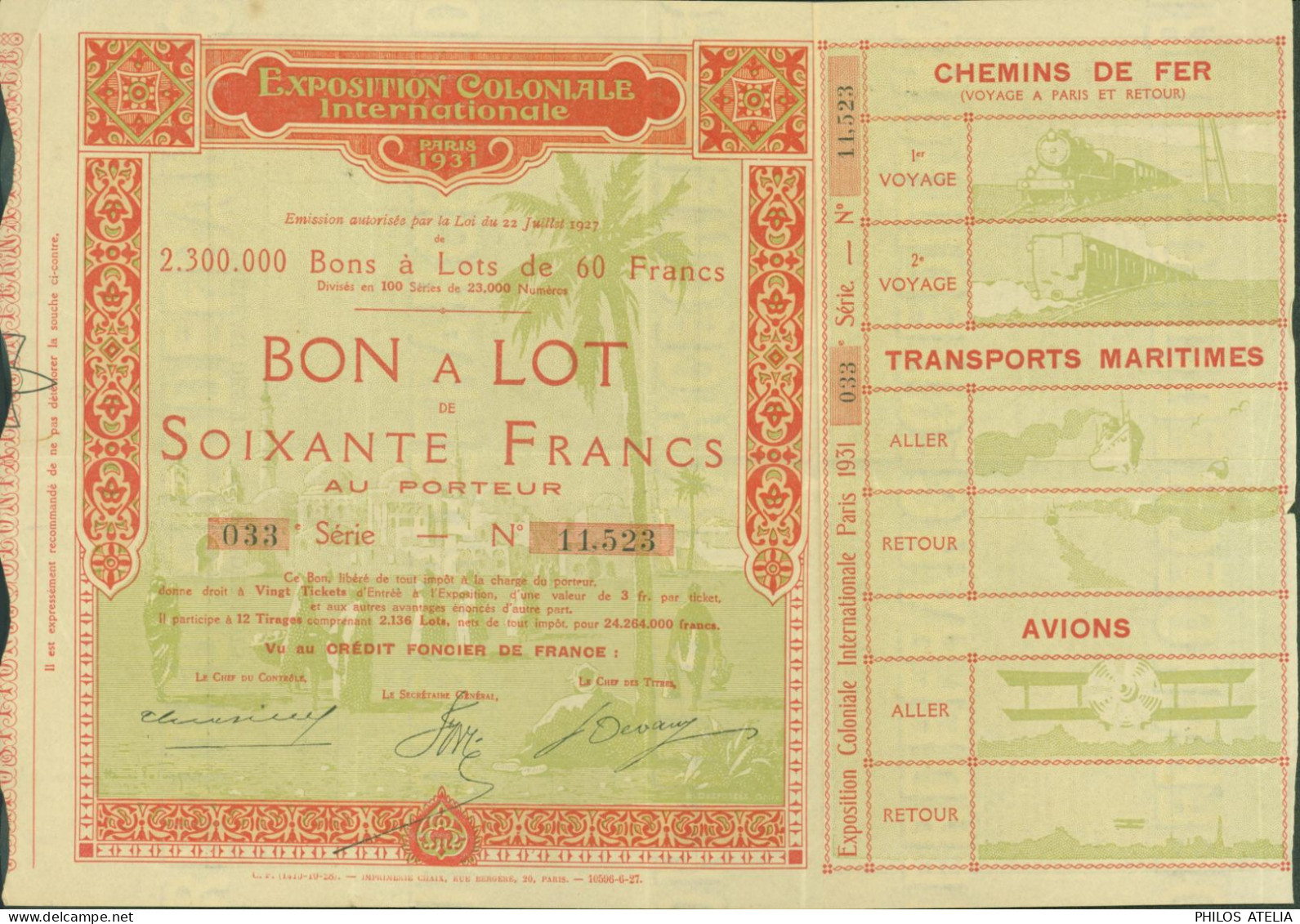 Bon à Lot Au Porteur Exposition Coloniale Internationale Paris 1930 Transport Chemin De Fer Bateau Avion Train - Autres & Non Classés