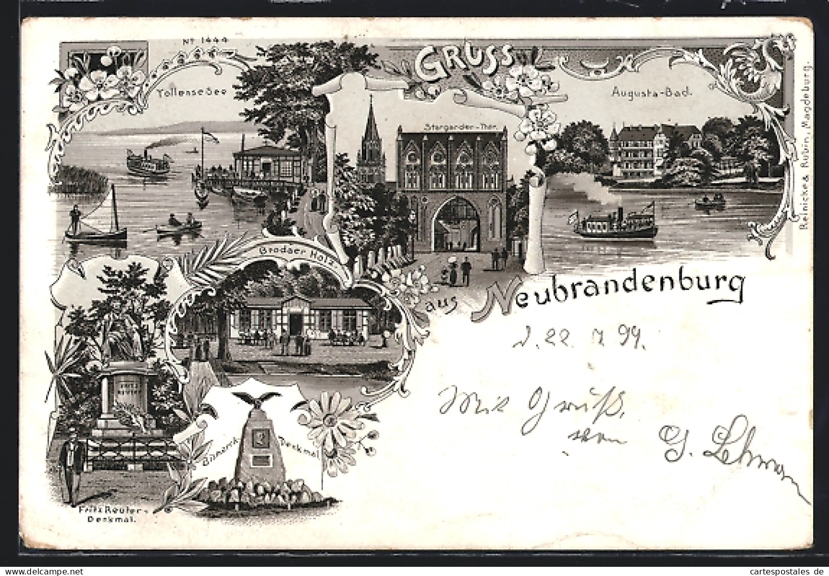 Lithographie Neubrandenburg, Gasthaus Brodaer Holz, Augusta-Bad, Bismarck-Denkmal  - Neubrandenburg