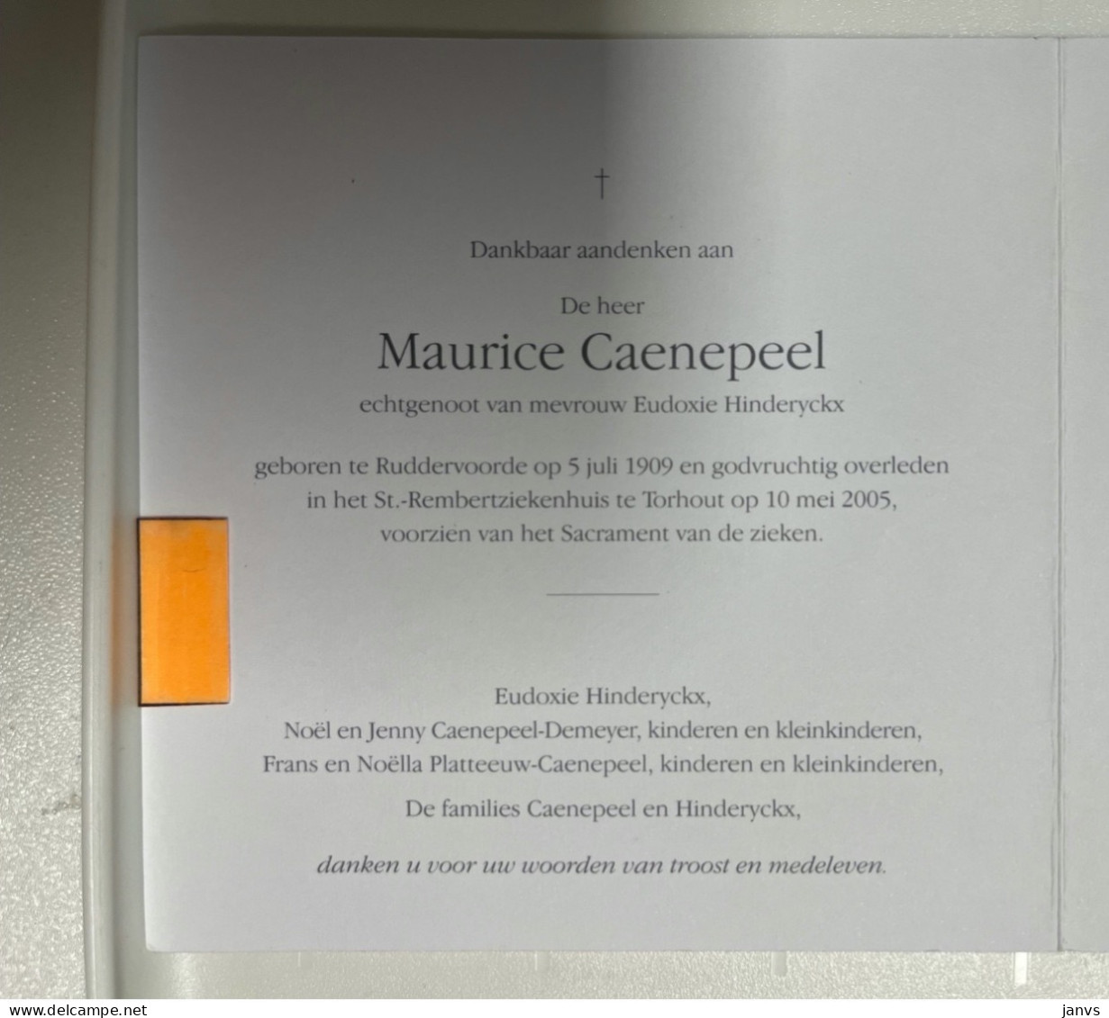 Devotie DP - Overlijden Maurice Caenepeel Echtg Hinderyckx - Ruddervoorde 1909 - Torhout 2005 - Décès