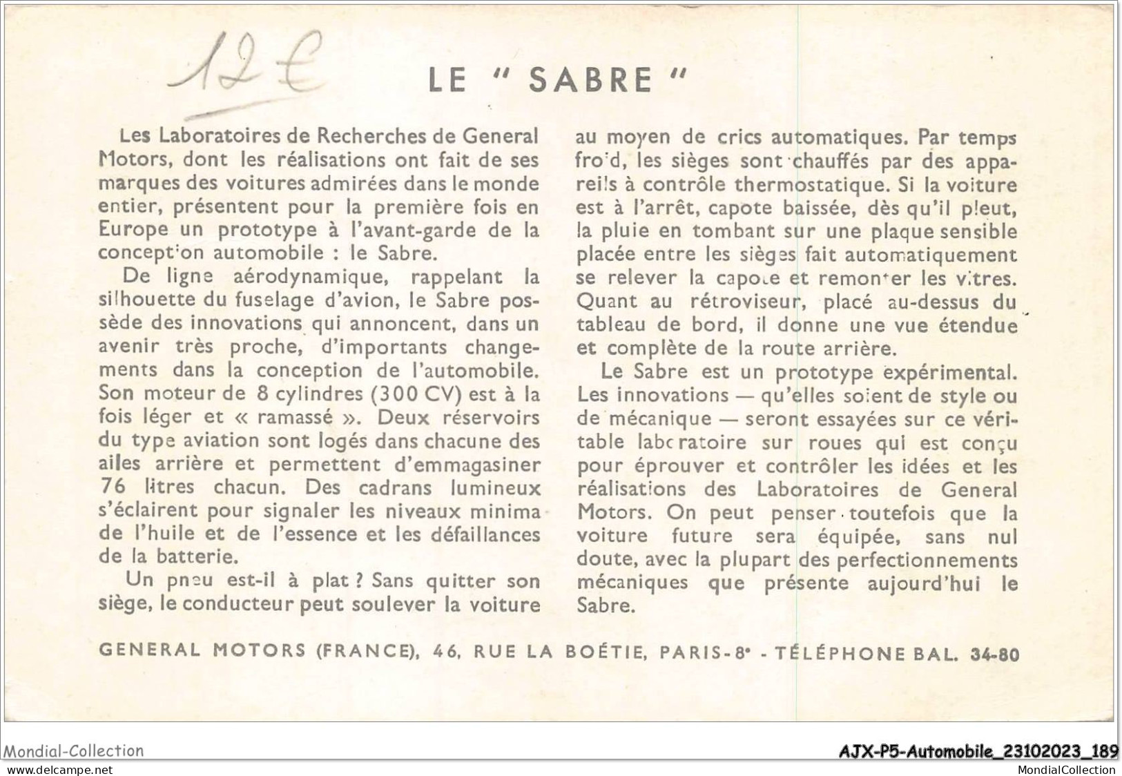 AJXP5-0573 - AUTOMOBILE - LE SABRE - Presente Par GENERAL MOTORS - Au 38 Salon De L'automobile - Other & Unclassified