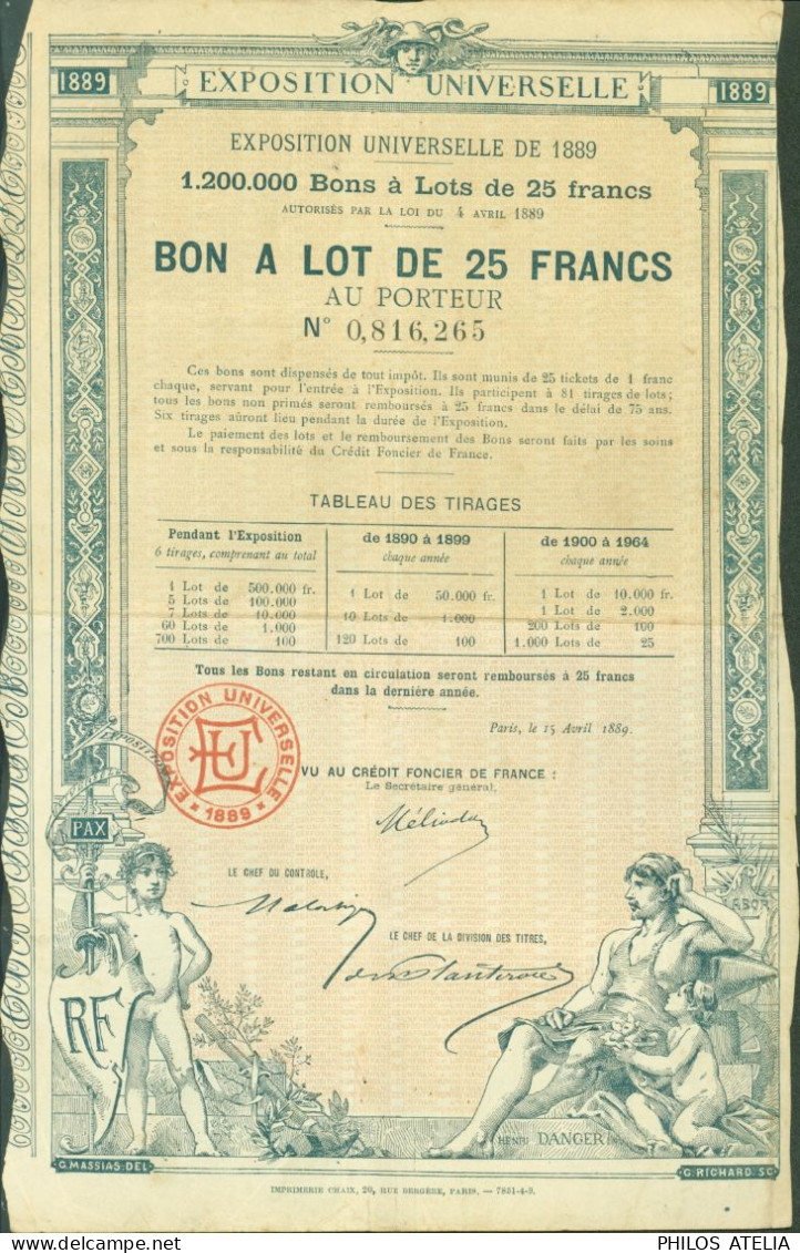 Bon à Lot De 25F Au Porteur Exposition Universelle Paris 1889 25 Tickets D'entrée - Other & Unclassified