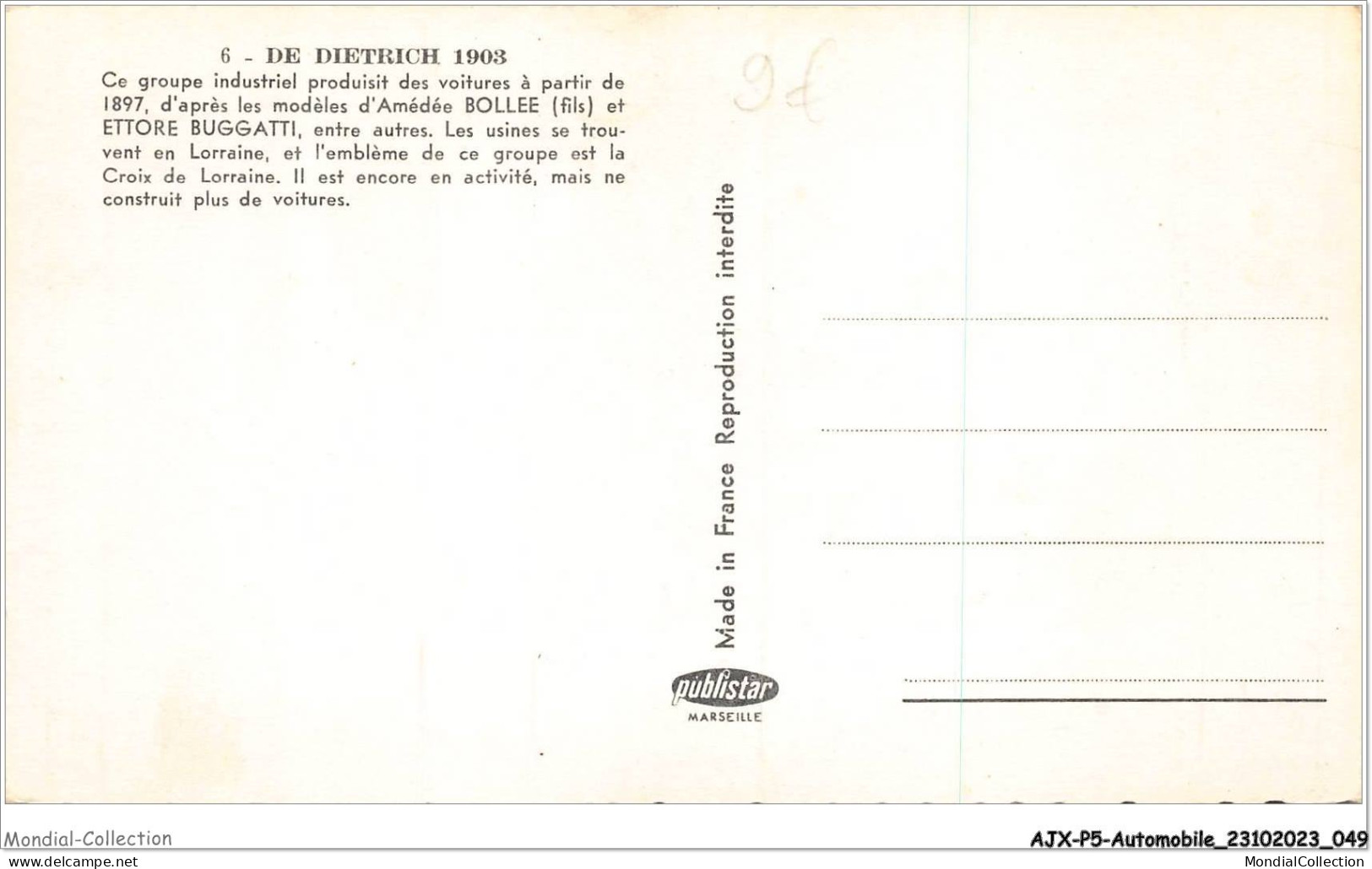 AJXP5-0503 - AUTOMOBILE - DE DIETRICH 1903 - Autobus & Pullman