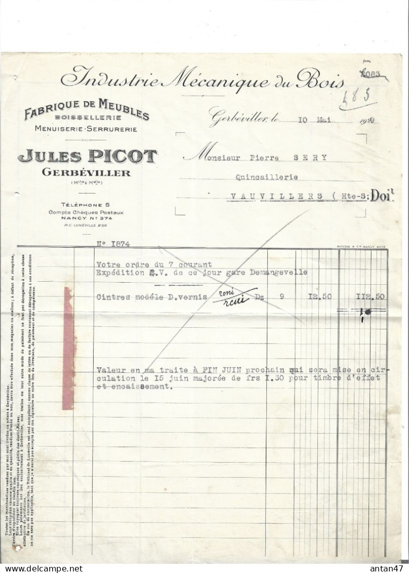 Facture 1929 / 54 GERBEVILLER / Industrie Du Bois, Fabrique De Meubles, Boissellerie PICOT - 1900 – 1949