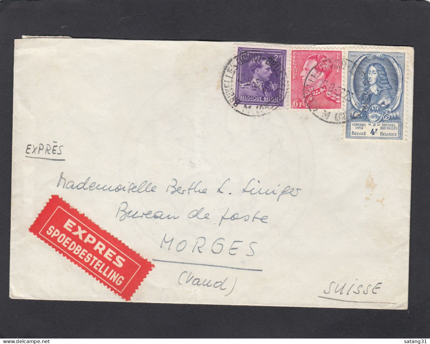 LETTRE PAR EXPRESS DE BRUXELLES-NORD,AVEC COB NOS 693,848,885,POUR MORGES,SUISSE.1952. - Cartas & Documentos
