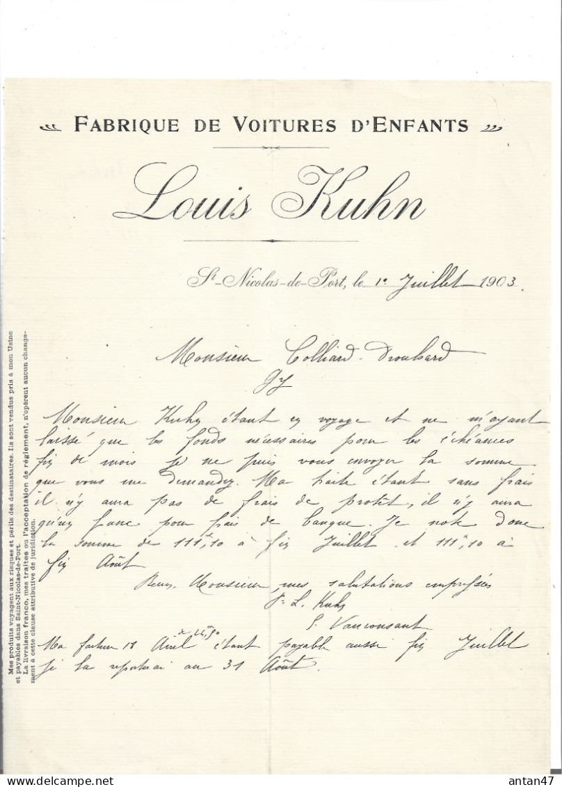 Facture & Courrier  1903 / 54 SAINT NICOLAS DE PORT / Fabrique De Voitures D'enfants KHUN - 1900 – 1949