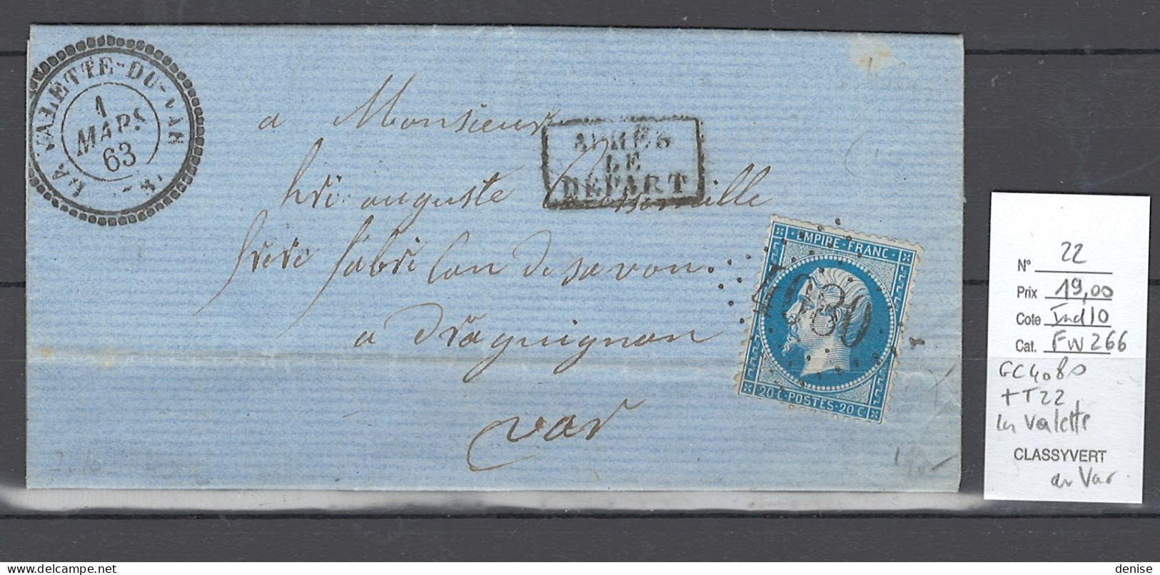 France - Lettre LA VALETTE DU VAR - GC4080 - Type 22 - 1863 - 1849-1876: Classic Period