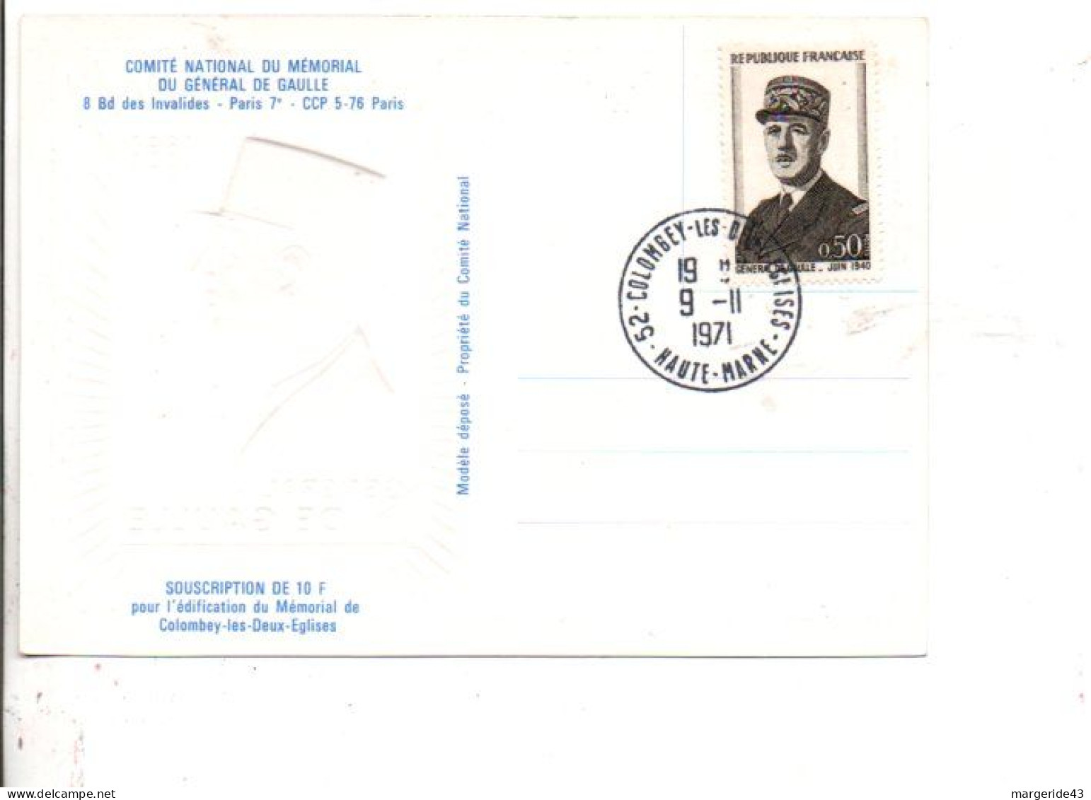 CARTE DE SOUSCRIPTION MEMORAIL DE GAULLE COLOMBEY 1971 - Gedenkstempel