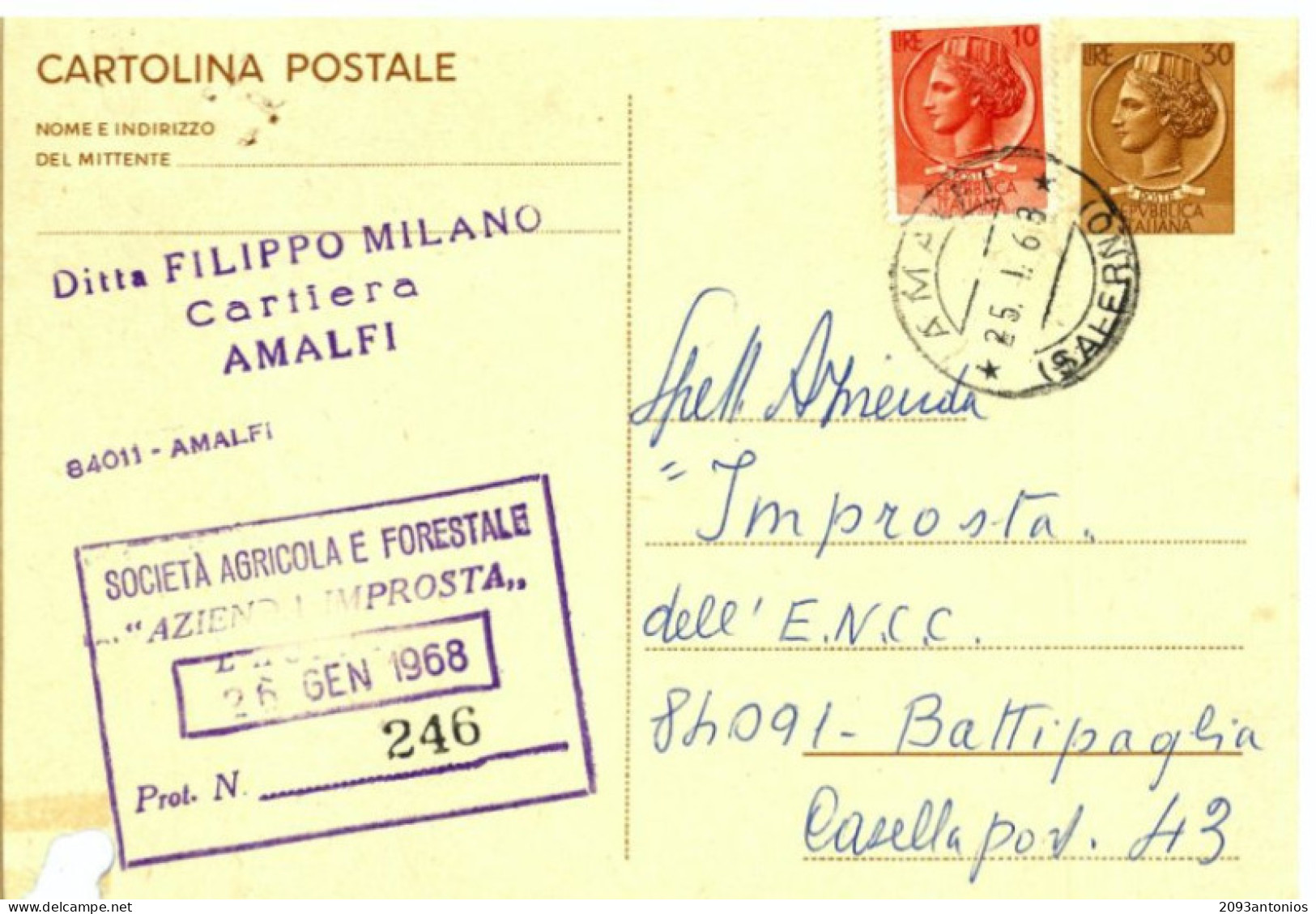 X1797) AMALFI SALERNO  CARTOLINA POSTALE PUBBLICITARIA STORIA POSTALE SIRACUSANA REPUBBLICA L.30 + L.10 - Salerno