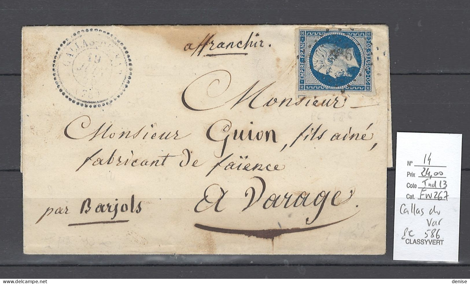 France - Lettre CALLAS DU VAR - PC586 - Type 22 - 1855 - 1849-1876: Klassik