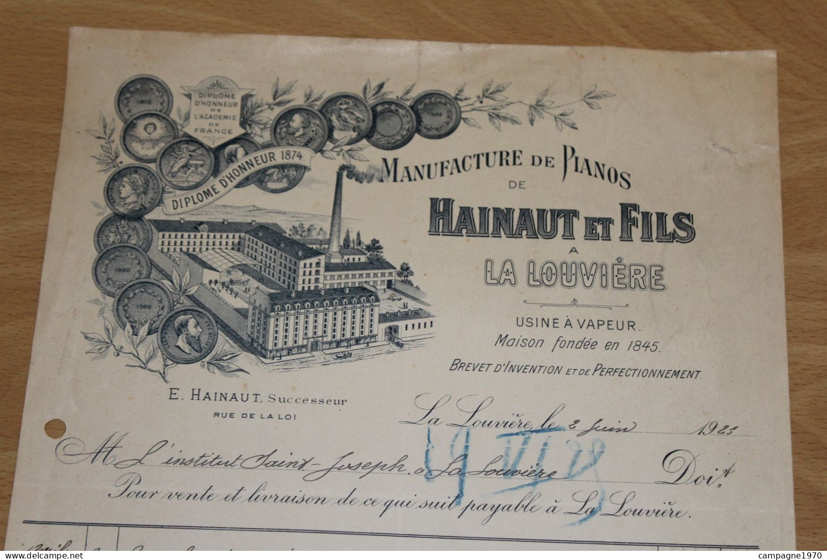 ANCIENNE FACTURE AVEC BELLE LITHO !! LA LOUVIERE - MANUFACTURE DE PIANOS HAINAUT ET FILS - 1925 - 1900 – 1949