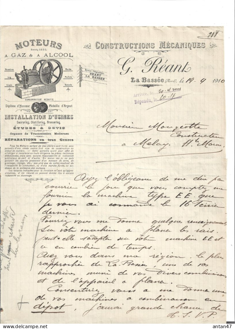 3 Courriers Illustrés 1905-10-14 / 59 LA BASSEE / REANT / Moteurs Gaz Alcool Pour Brasseries, Distilleries, Sucreries - 1900 – 1949