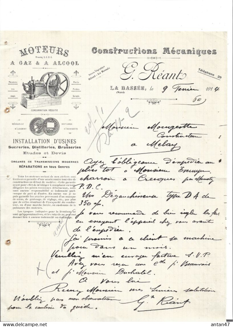 3 Courriers Illustrés 1905-10-14 / 59 LA BASSEE / REANT / Moteurs Gaz Alcool Pour Brasseries, Distilleries, Sucreries - 1900 – 1949