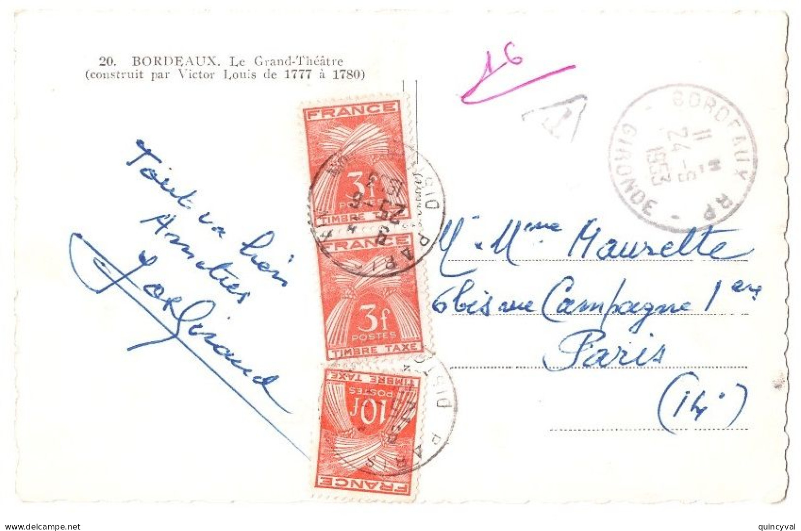 BORDEAUX Gironde Carte Postale - De 5 Mots NON AFFRANCHIE Ob 24 6 1953 Dest Paris Taxe 16 F Gerbes 3 F 10 F Yv 83 86 - 1859-1959 Covers & Documents