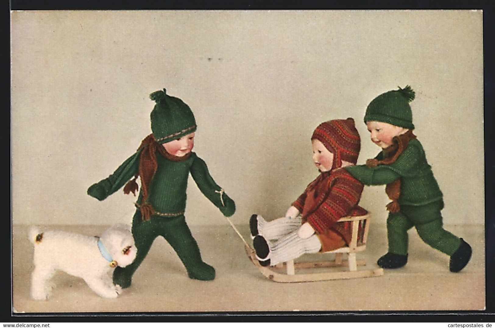 AK Käthe Kruse-Puppen Spielen Mit Schlitten, Hund  - Gebraucht