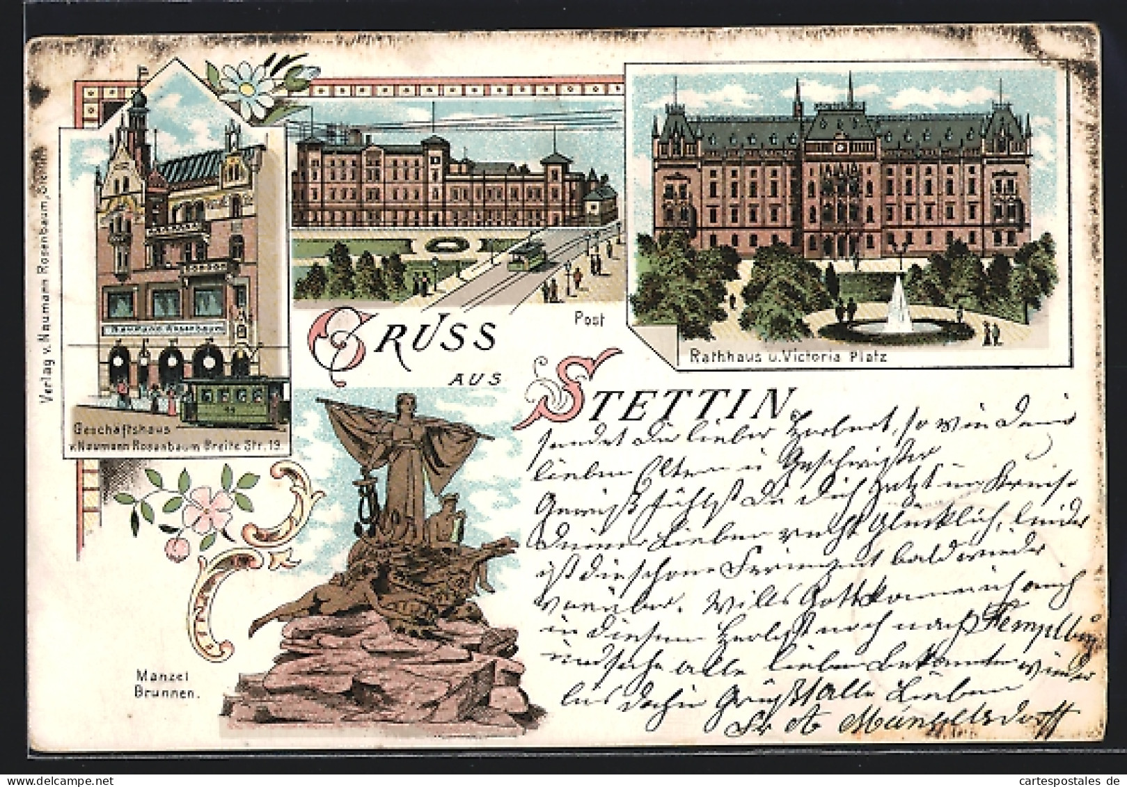 Lithographie Stettin, Geschäftshaus V. Naumann Rosenbaum, Breite Strasse 19, Post, Manzel-Brunnen  - Pommern
