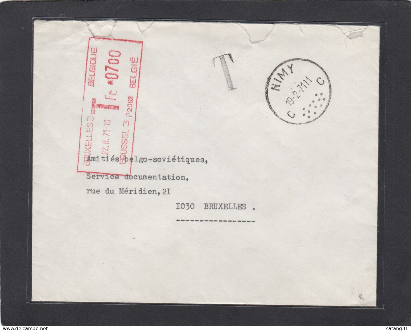 LETTRE DE NIMY SANS AFFRANCHISSEMENT POUR BRUXELLES,TAXEE A 7 FRANCS A L'ARRIVEE,1971. - Briefe U. Dokumente