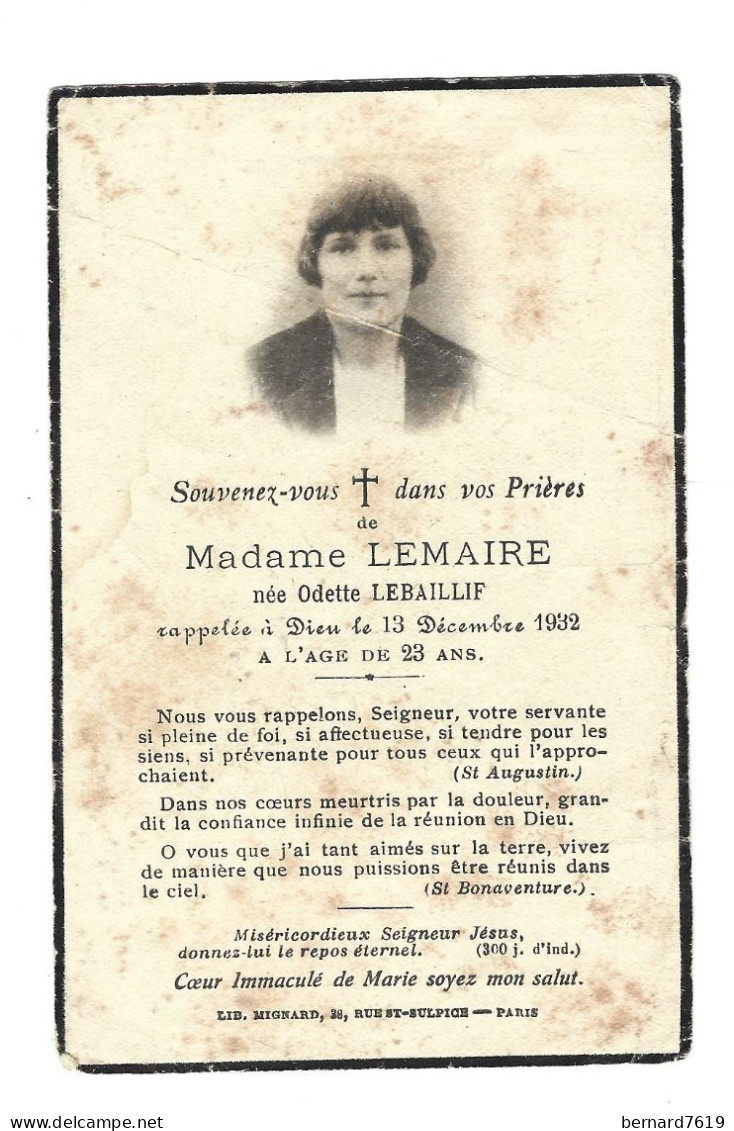 Image Religieuse - Deces  Annee 1932 Madame Lemaire Nee Odette Lebaillif - Santini