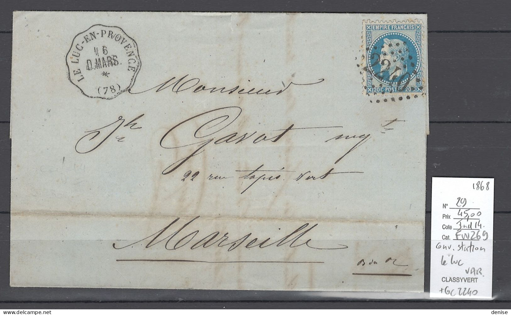 France - Lettre LE LUC DE PROVENCE -  VAR - Convoyeur Station - 1868 - Correo Ferroviario