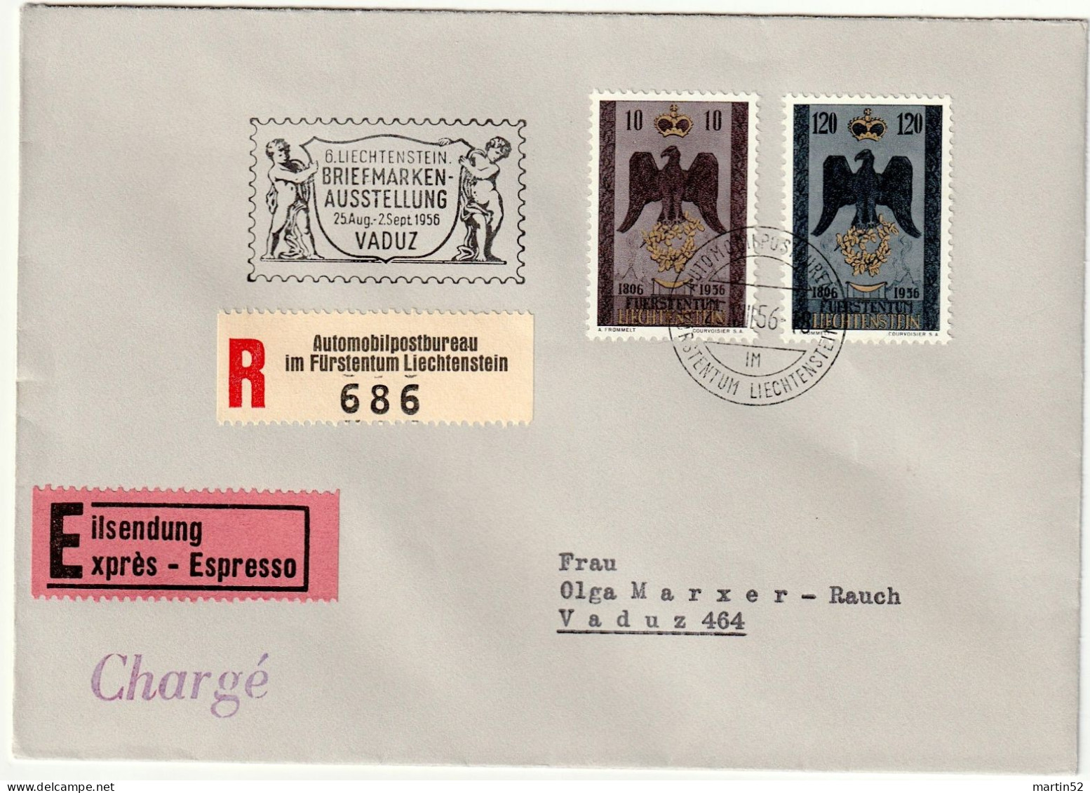 Liechtenstein 1956: Souveränität Zu 290-291 Mi 346-347 Yv 313-14 R-Brief ⊙ AUTOMOBILPOSTBUREAU 25.VIII.56 (Zu CHF 18.00) - Lettres & Documents