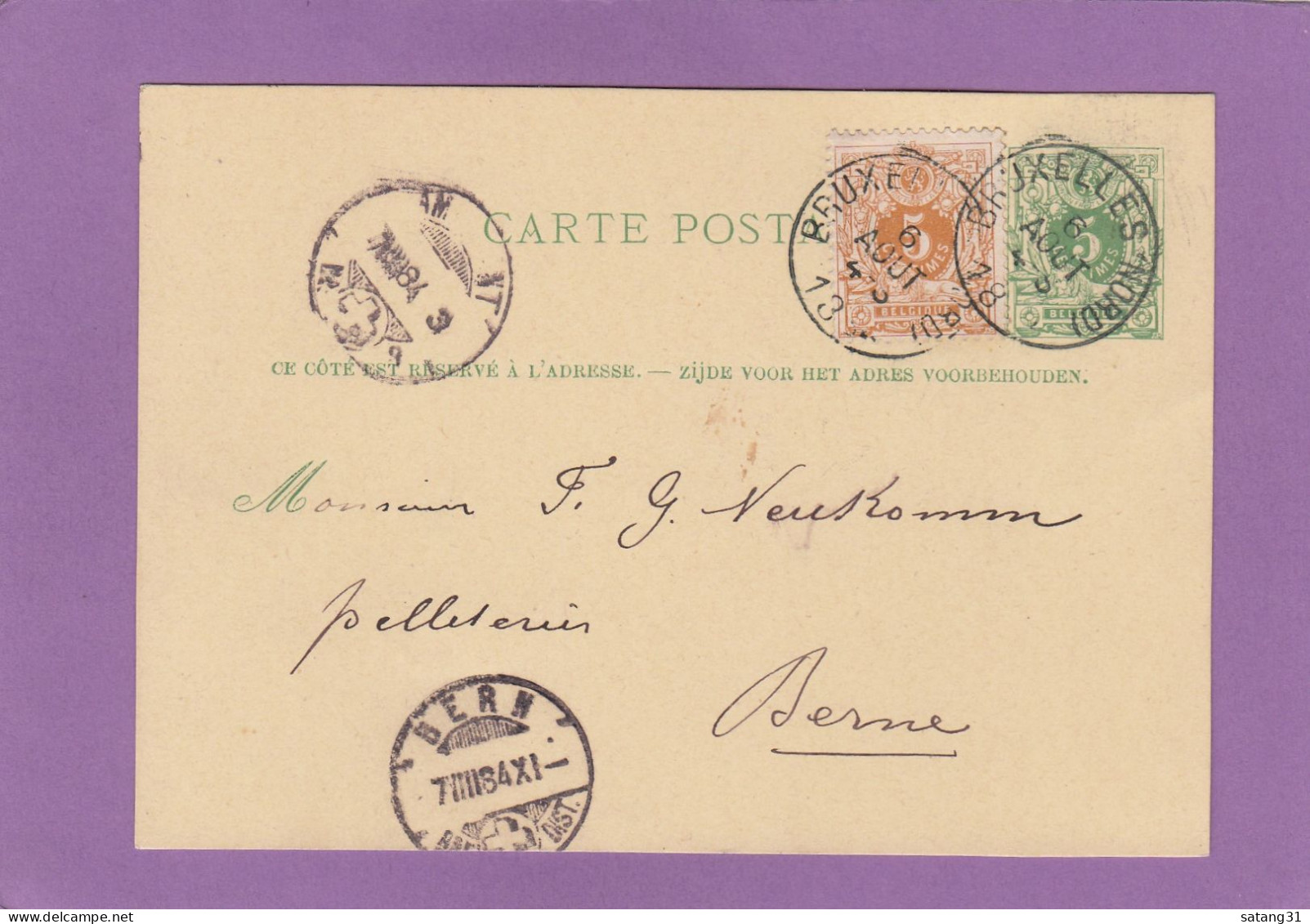 TANNERIE, ALOST. ENTIER POSTAL AVEC AFFRANCHISSEMENT COMPLEMENTAIRE DE BRUXELLES POUR BERNE,SUISSE,1884. - Postkarten 1871-1909
