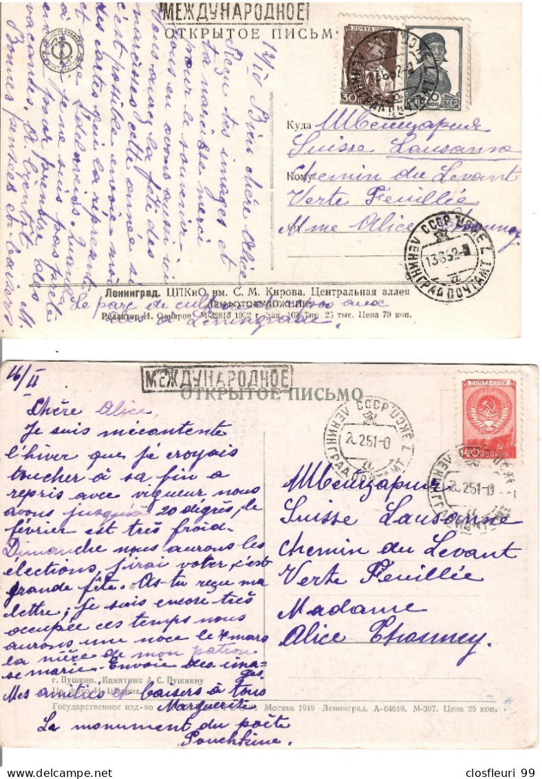 2 Cartes Postales Avec Censure Soviétique En 1951 / Pour Lausanne Suisse / Parc De Léningrad - Briefe U. Dokumente