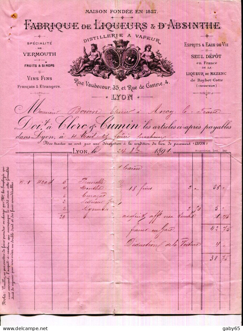 FACTURE.LYON.FABRIQUE DE LIQUEURS & D'ABSINTHE.DISTILLERIE A VAPEUR.CLERC & CUMIN 35 RUE VAUBECOUR & 4 RUE DE CASTRIE. - Alimentaire