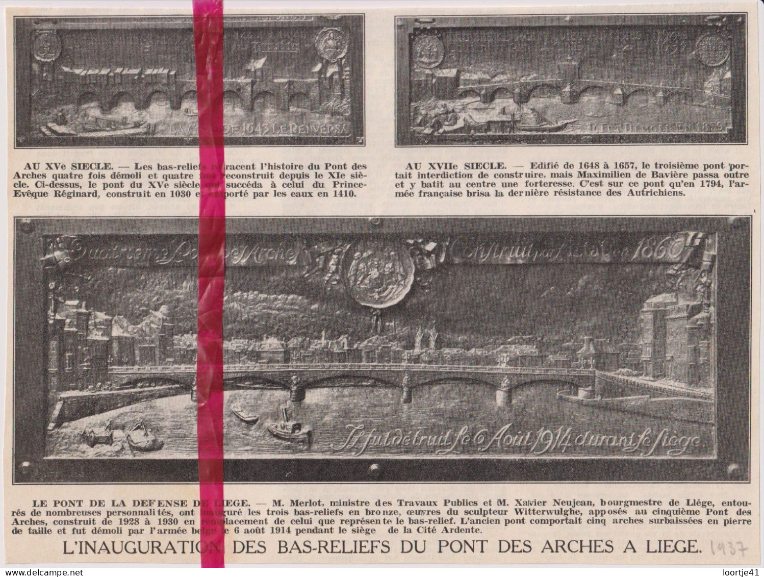 Liège - Les Bas Reliefs Du Pont Des Arches - Orig. Knipsel Coupure Tijdschrift Magazine - 1937 - Ohne Zuordnung