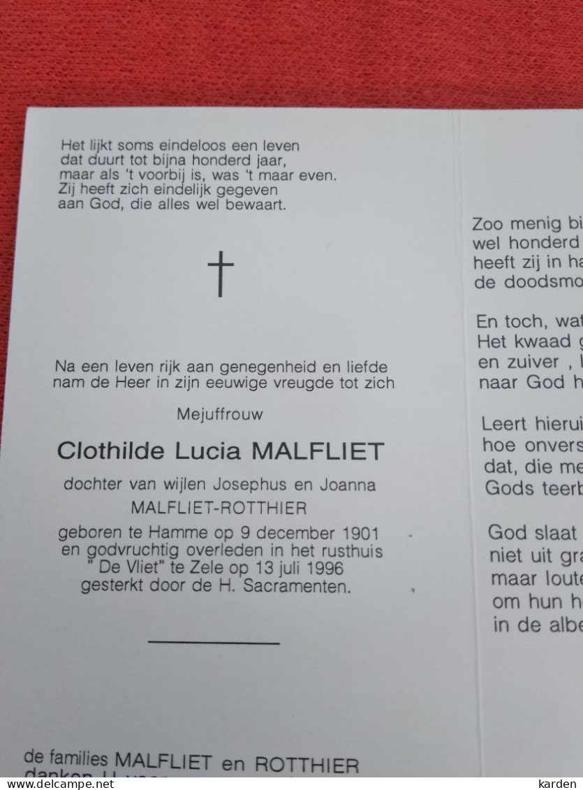 Doodsprentje Clothilde Lucia Malfliet / Hamme 9/12/1901 Zele 13/7/1996 ( D.v. Josephus Malfliet En Joanna Rotthier ) - Religion & Esotérisme