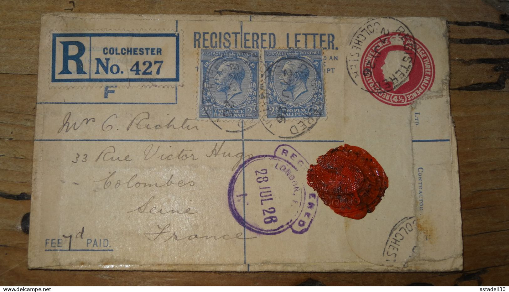Registered Letter From Colchester To France - 1926  ............ Boite1 .............. 240424-259 - Lettres & Documents