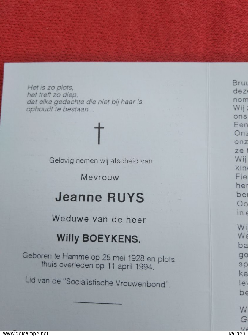 Doodsprentje Jeanne Ruys / Hamme 25/5/1928 - 11/4/1994 ( Willy Boeykens ) - Religion & Esotérisme