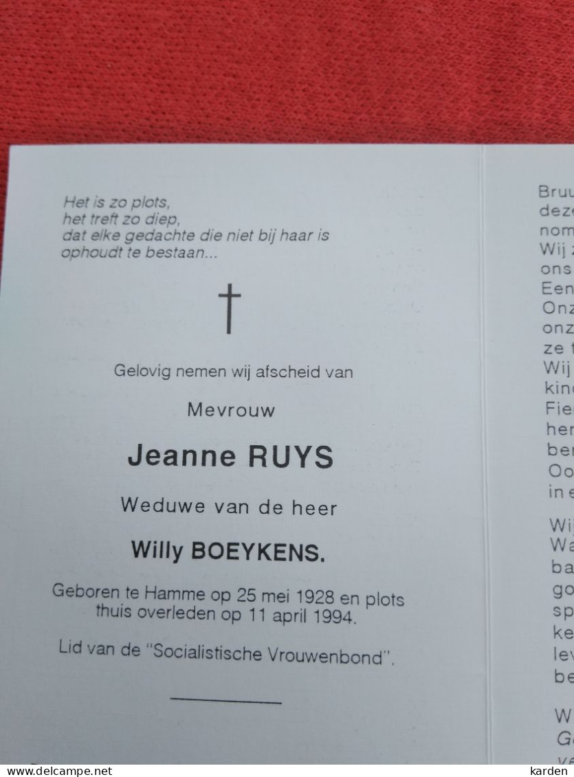 Doodsprentje Jeanne Ruys / Hamme 25/5/1928 - 11/4/1994 ( Willy Boeykens ) - Religion &  Esoterik