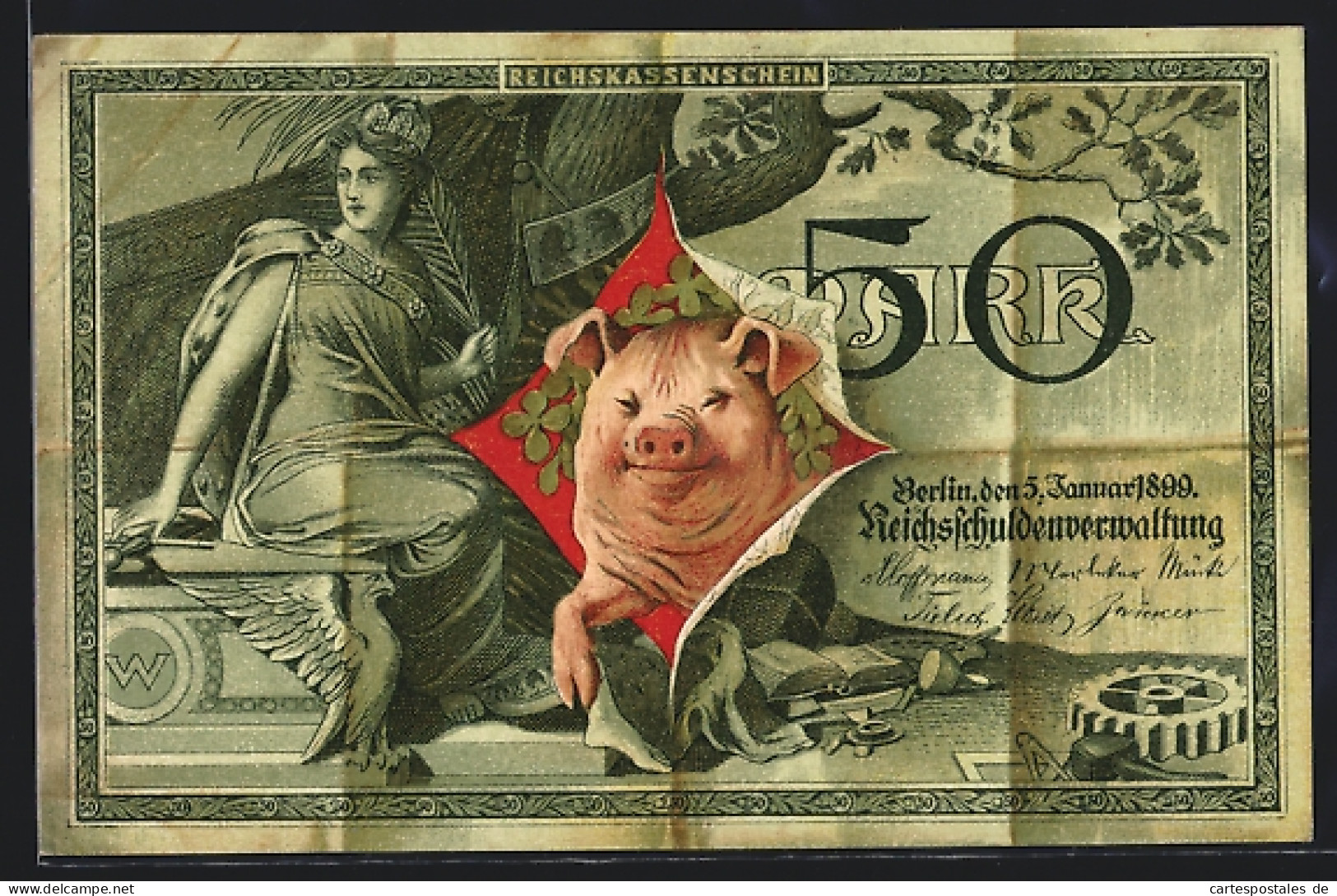 Künstler-AK Reichskassenschein 50 Mark, Glücksschwein, Geld  - Monnaies (représentations)