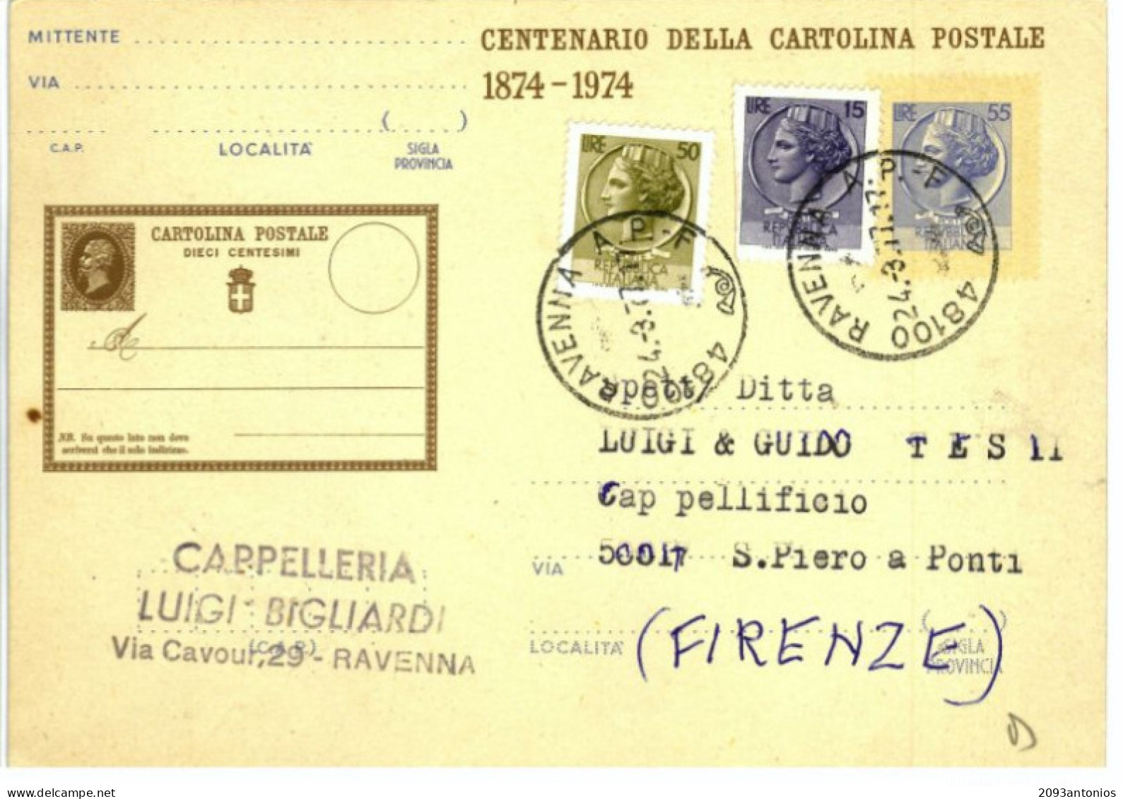X1799)  RAVENNA  S.PIETRO A PONTI FIRENZE CARTOLINA POSTALE PUBBLICITARIA STORIA POSTALE  REPUBBLICA L.55 + L.15+L.50 - Ravenna