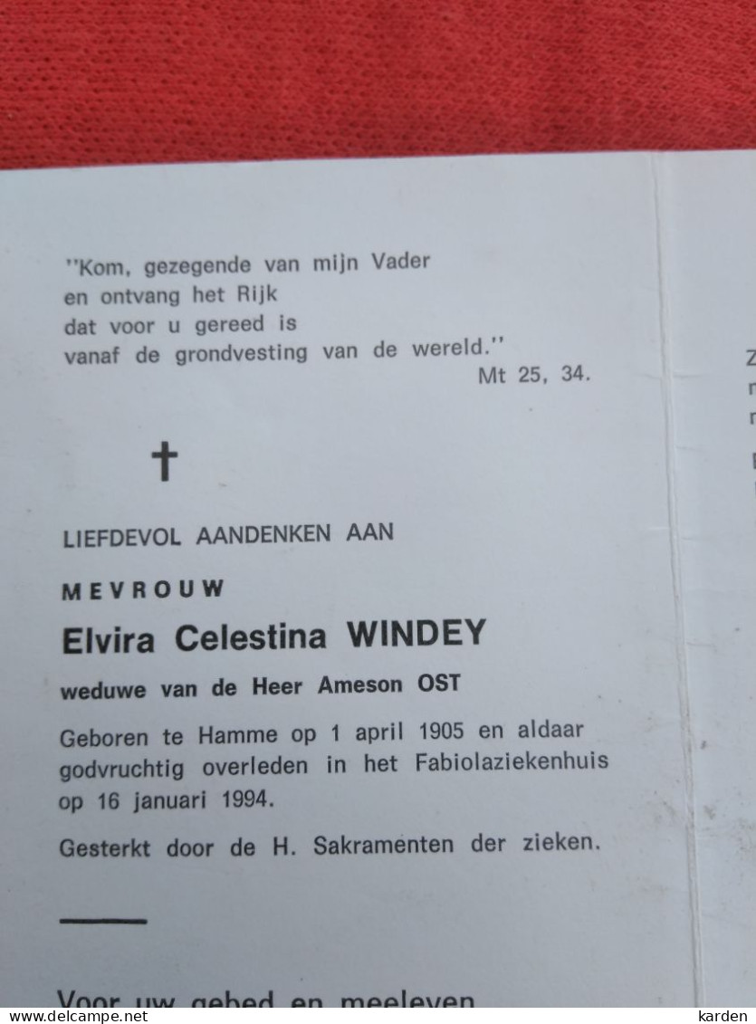 Doodsprentje  Elvira Celestina Windey / Hamme 1/4/1905 - 16/1/1984 ( Ameson Ost ) - Religión & Esoterismo
