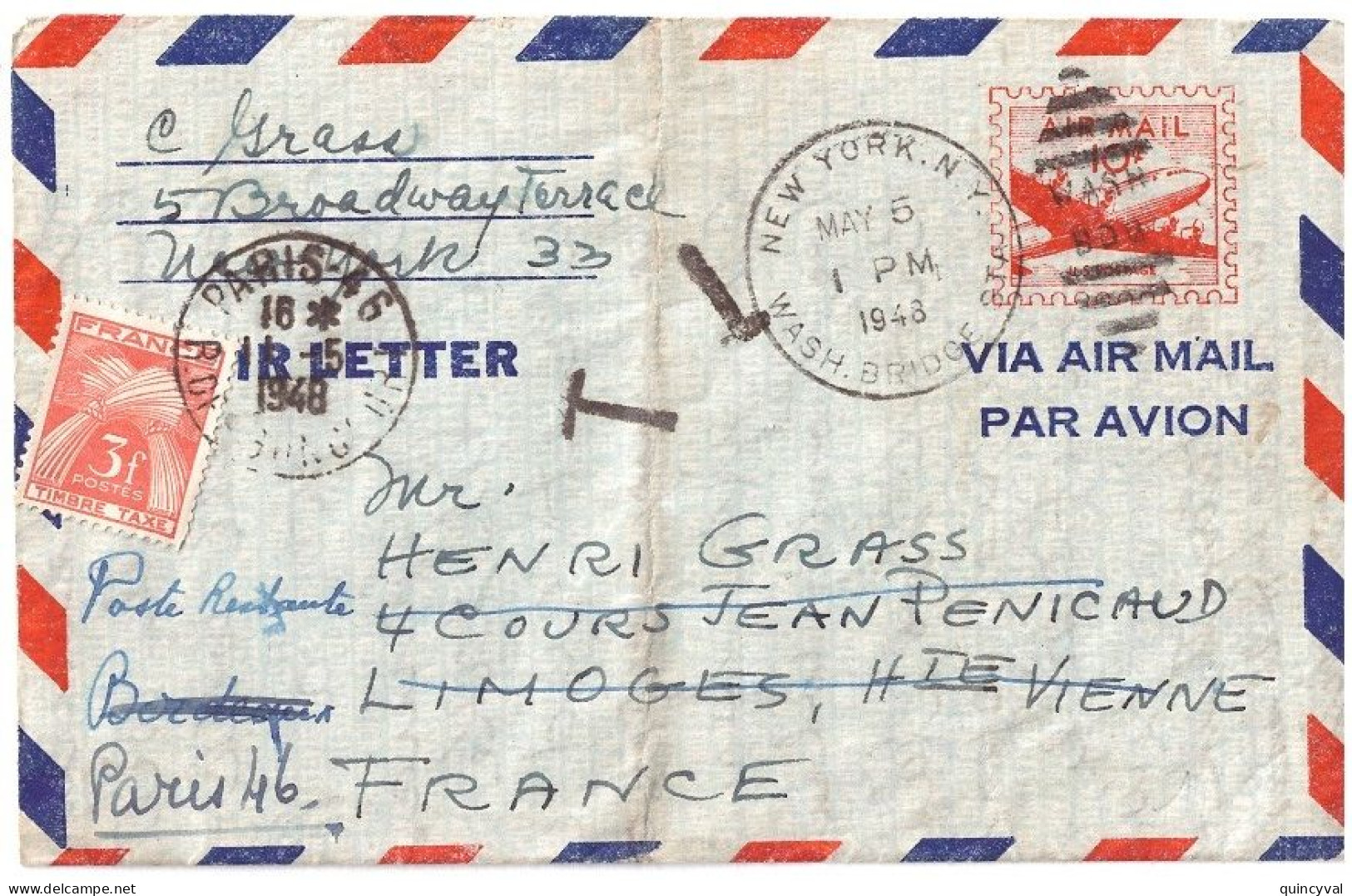 PARIS 46 Entier Carte Lettre USA Air Mail 10c Ob 1948 Dest France Limoges Bordeaux TAXE POSTE RESTANTE 3F Gerbes Yv T 86 - 1859-1959 Lettres & Documents