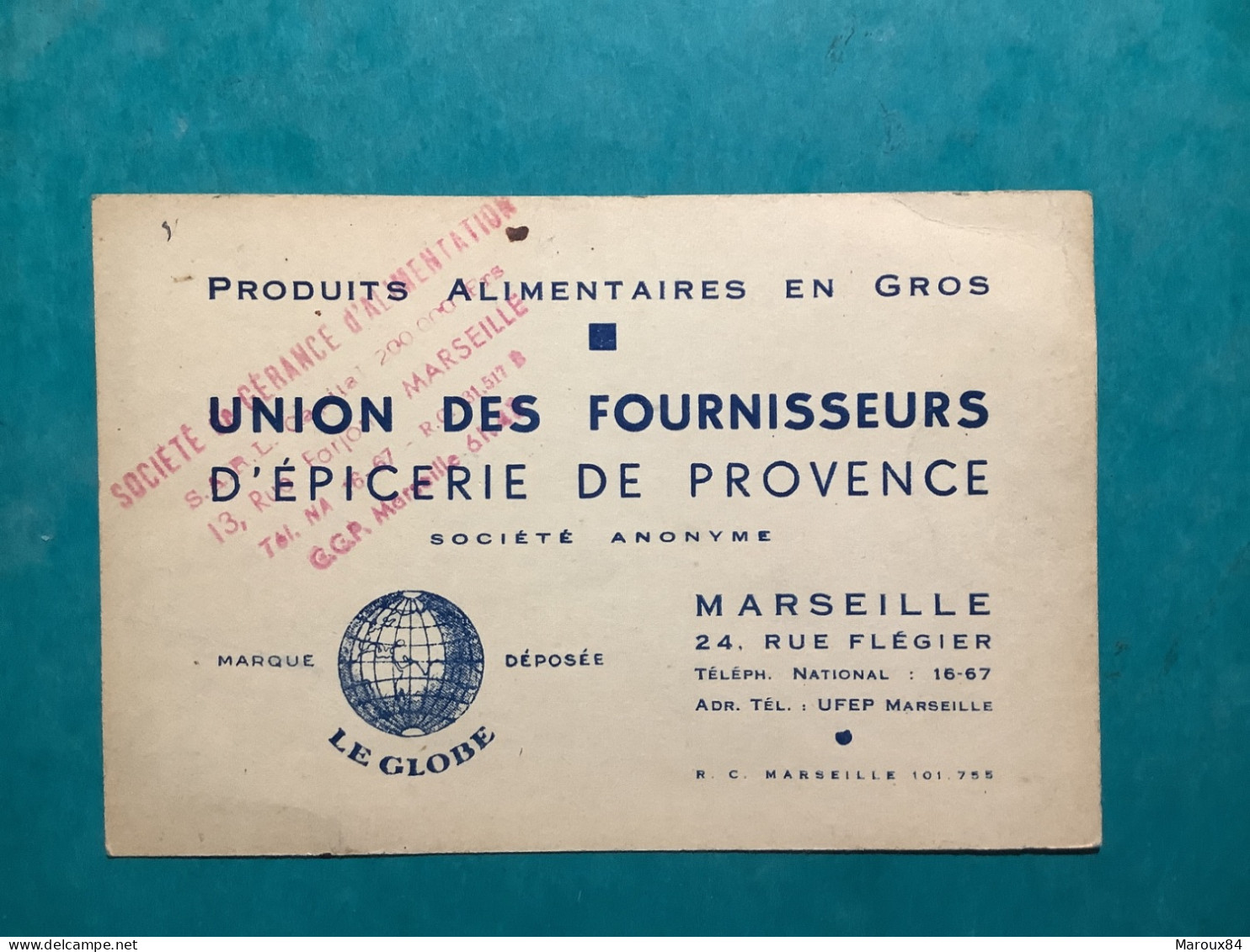 13/Marseille Carte De Visite .produits Alimentaires En Gros Union Des Fournisseurs D’épicerie De Provence. - Visitekaartjes