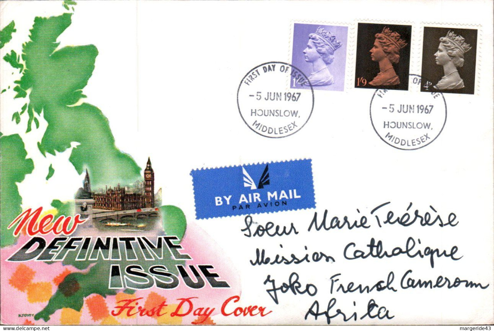 GB LETTRE FDC TYPE MACHIN POUR LE CAMEROUN 1967 - 1952-1971 Em. Prédécimales