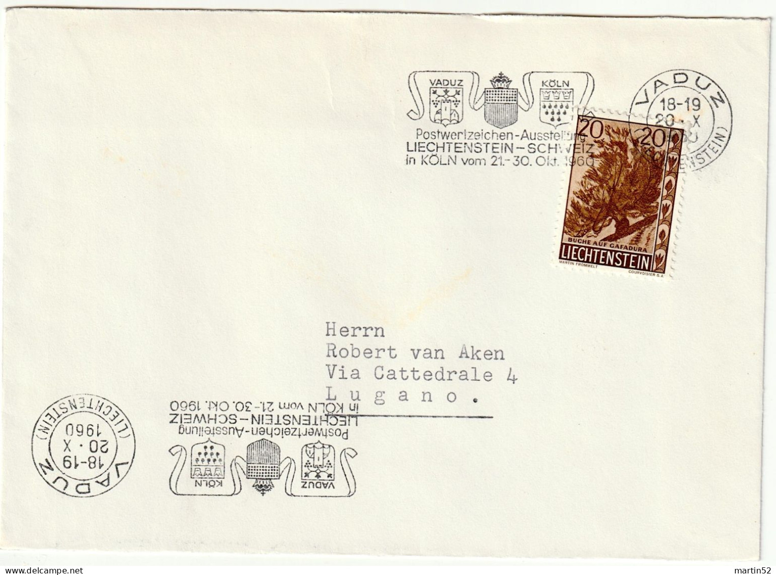 Liechtenstein 1960: Postwertzeichen-Ausstellung In Köln Zu 345 Mi 399 Yv ? Mit ⊙ VADUZ 20.X.60 (Zu CHF 20.00) - Cartas & Documentos