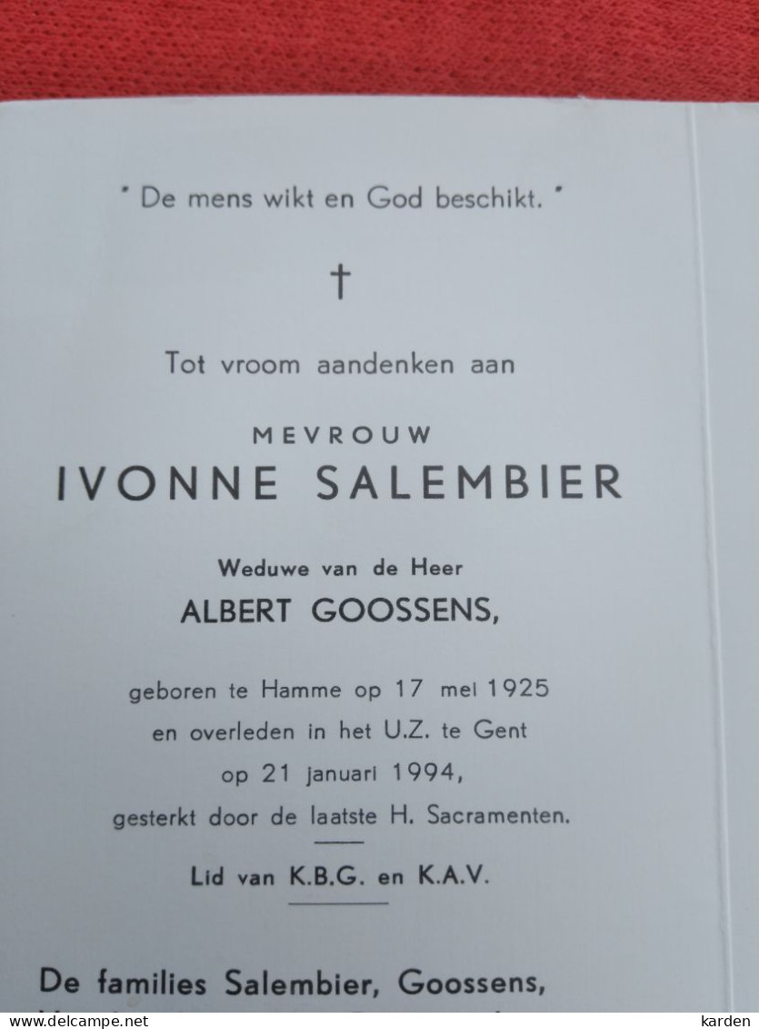 Doodsprentje Ivonne Salembier / Hamme 17/5/1925 Geel 21/1/1994 ( Albert Goossens ) - Religion & Esotérisme