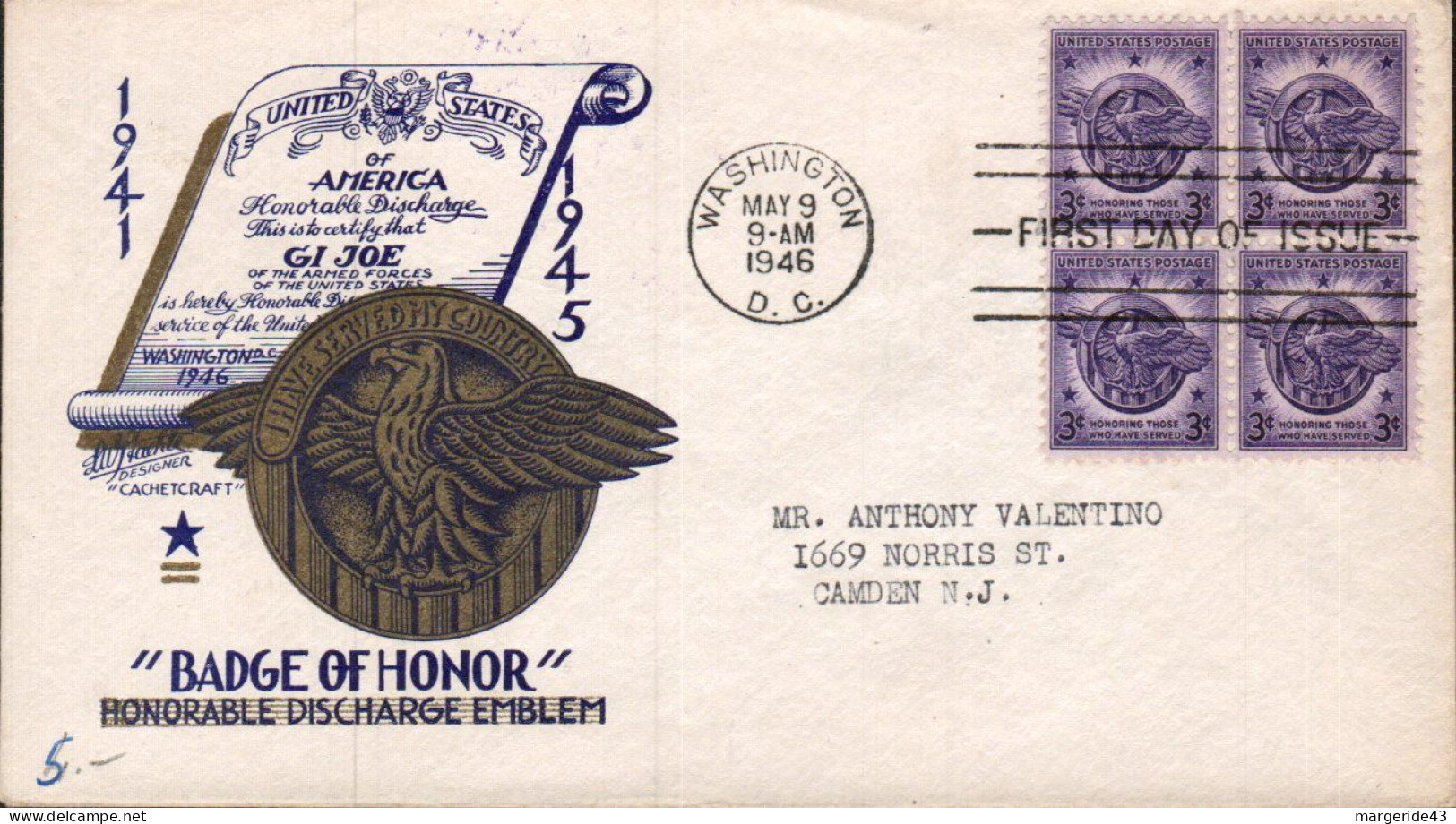 USA ETATS UNIS LETTRE FDC 1946 BADGE OF HONOR - Otros & Sin Clasificación