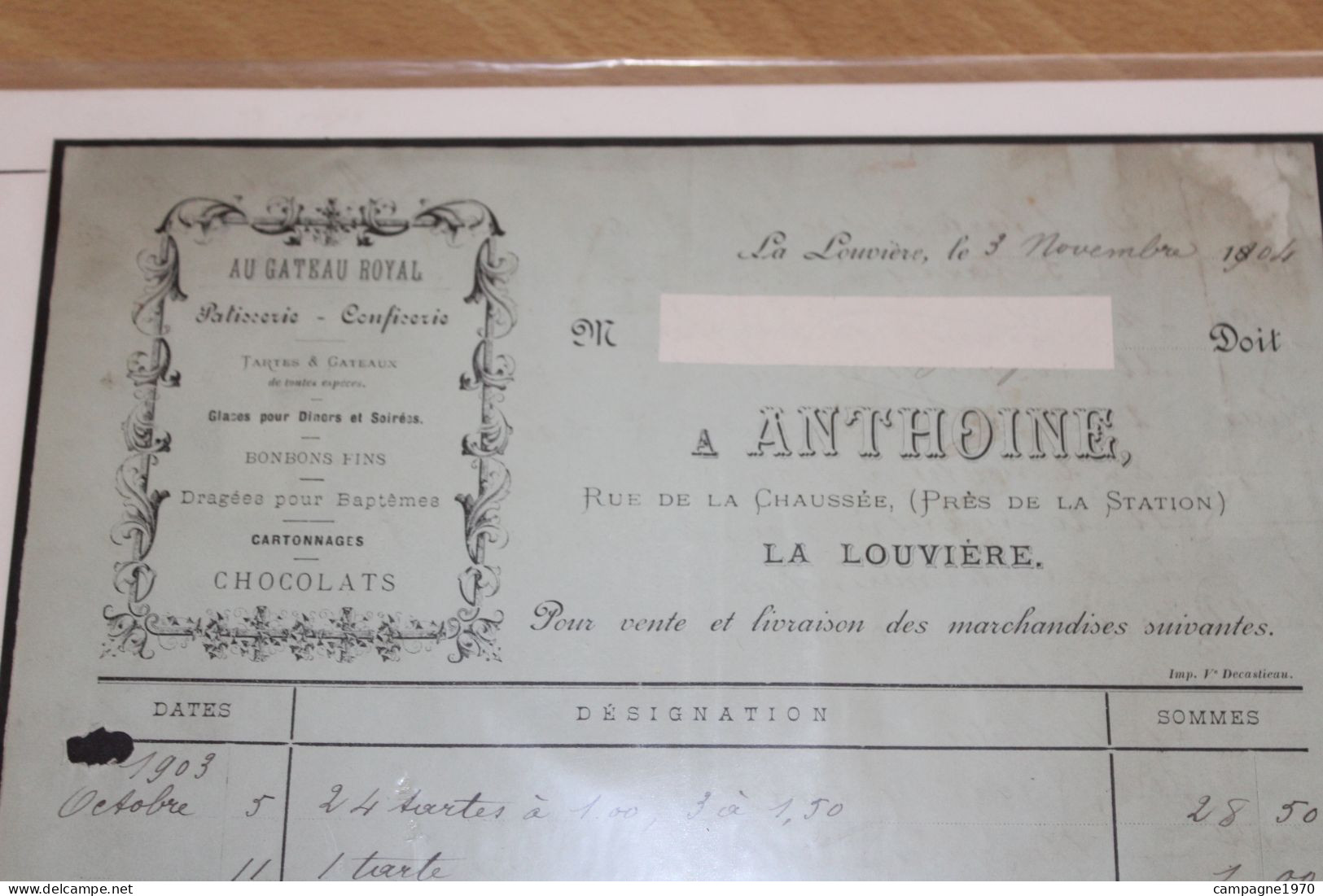 ANCIENNE FACTURE - 1904 - LA LOUVIERE - PATISSERIE ANTHOINE " AU GATEAU ROYAL " - RUE DE LA CHAUSSEE - 1900 – 1949