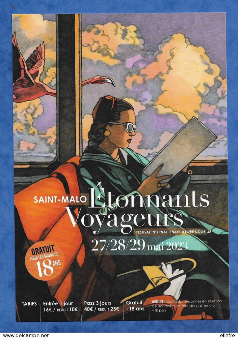 CPM 35 SAINT MALO Festival International Du Livre Et Du Film 2023  Belle Illustration Femme Lisant Dans Un Train Oiseau - Otros & Sin Clasificación