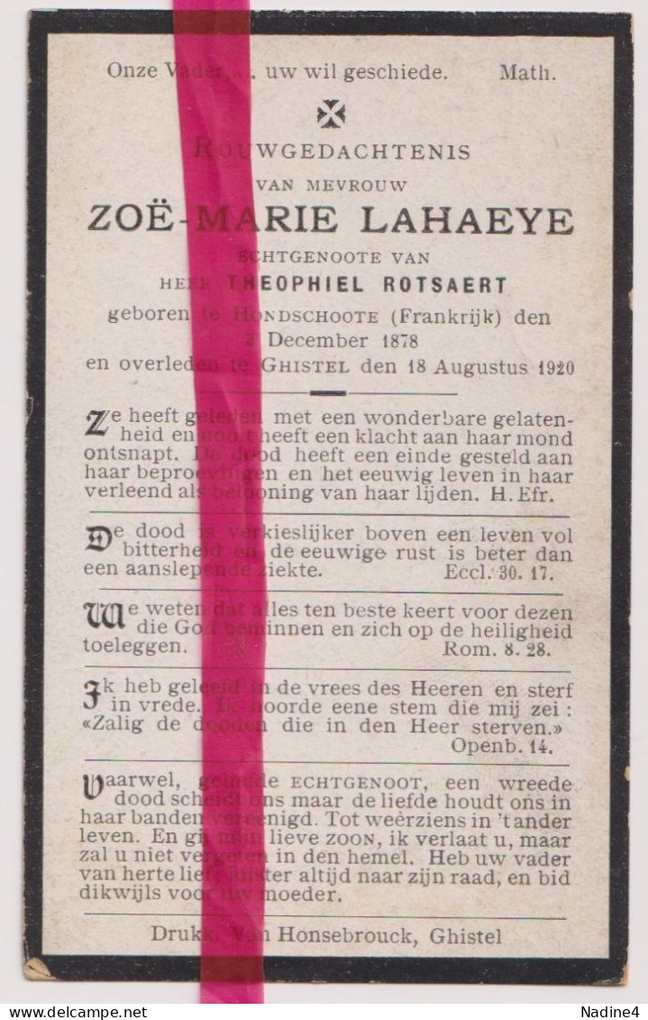 Devotie Doodsprentje Overlijden - Zoê Lahaeye Echtg Theophiel Rotsaert - Hondschote 1878 - Gistel 1920 - Todesanzeige